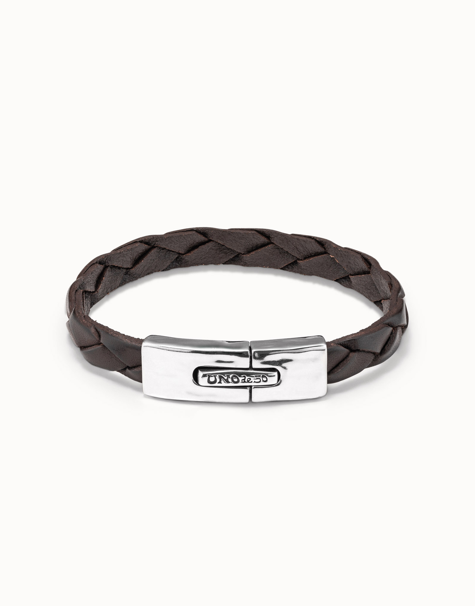 Brown leather bracelet with sterling silver-plated rectangular spring clasp, Silver, large image number null