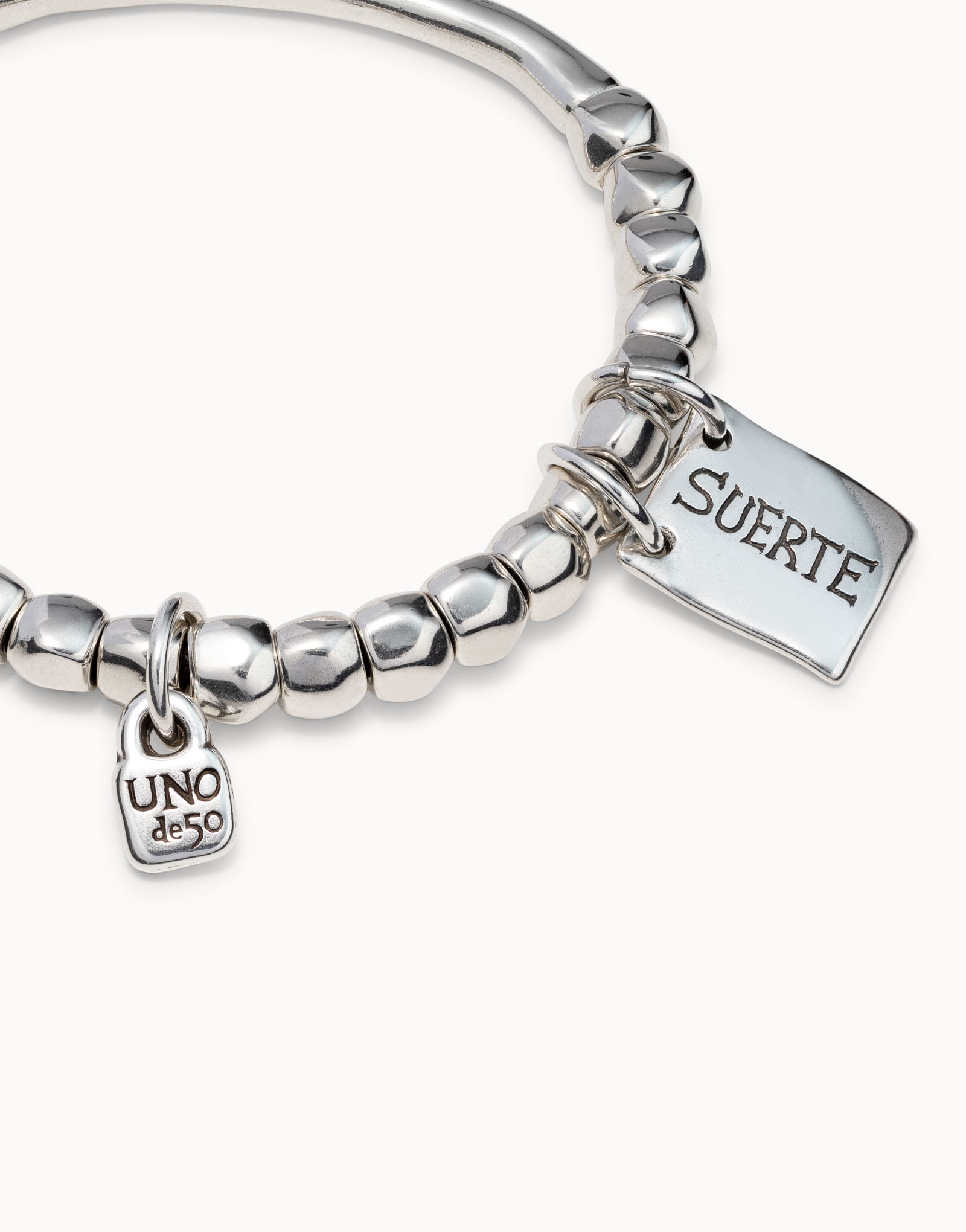 Bracciale di perline, elemento tubolare e piastrina con messaggio placcato argento, , large image number null