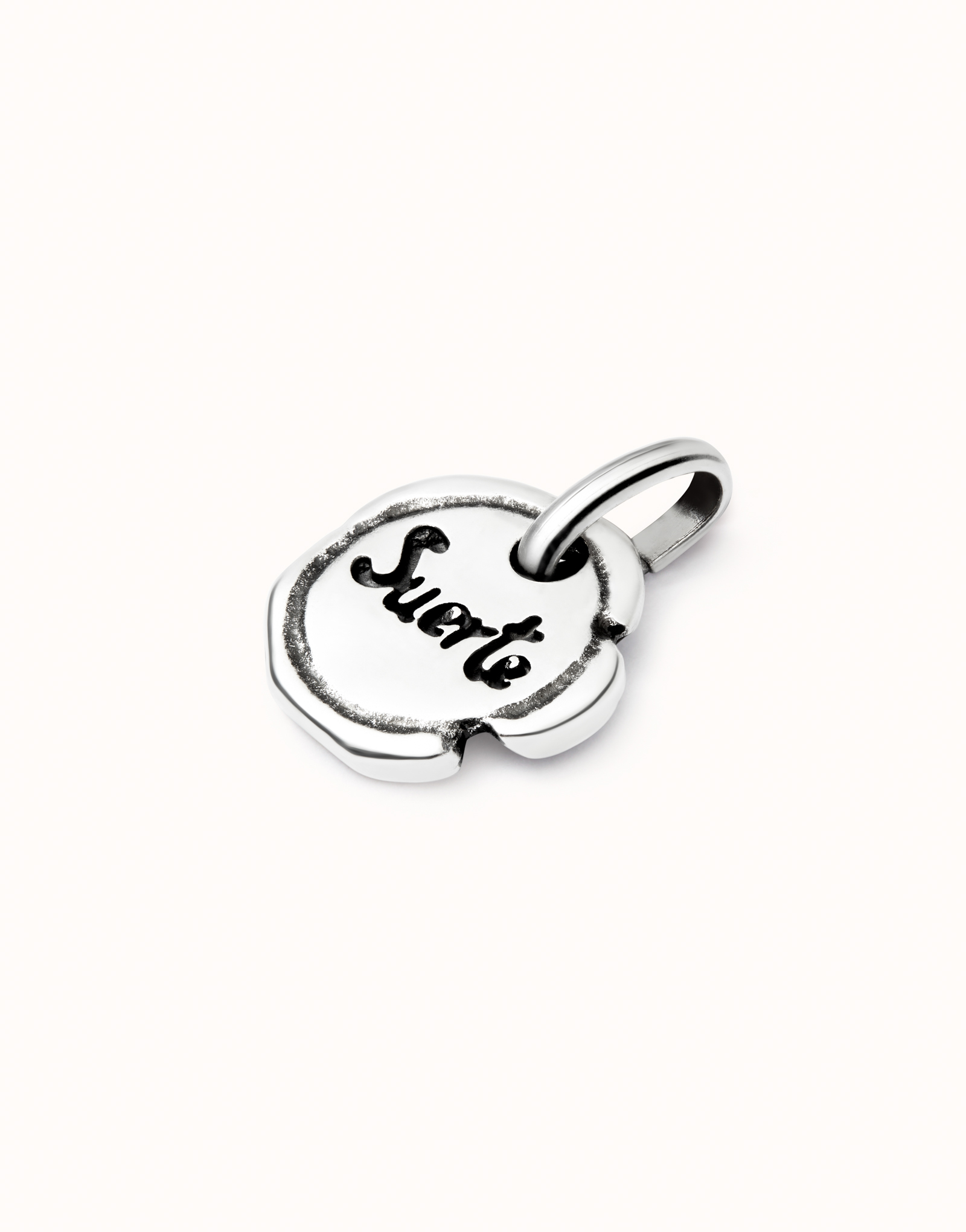 Sterling silver-plated charm with the word “luck”., Silver, large image number null
