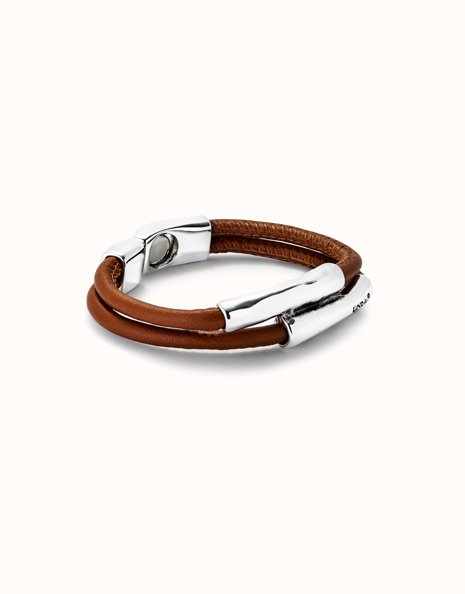 Bracciale doppio cuoio camel con due tubi placcato argento sterling, Argent, large image number null
