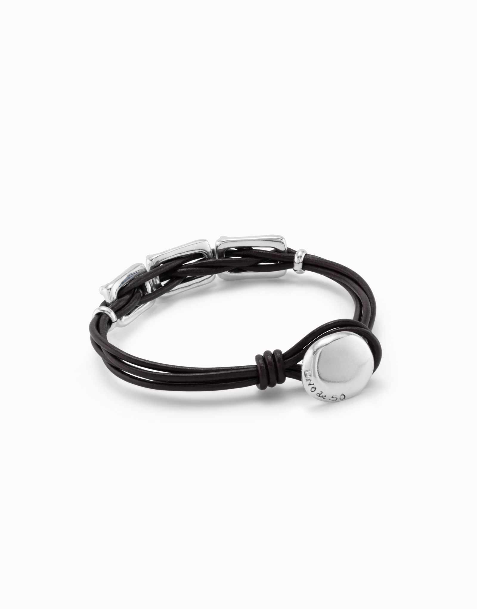 Bracciale in cuoio con maglie centrali placcate argento Sterling e chiusura a bottone, Argent, large image number null
