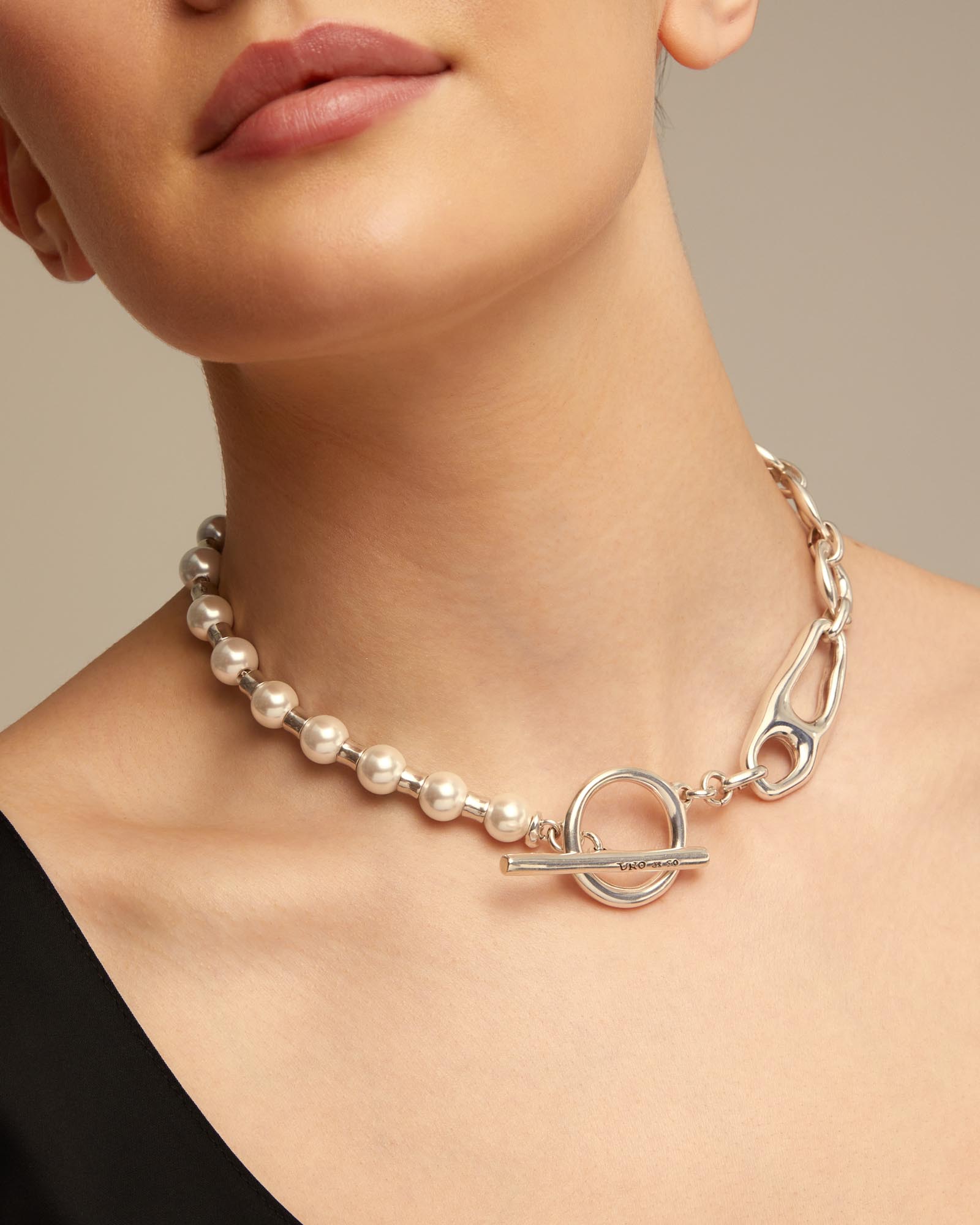 Collar bañado en plata de ley con combinación de eslabones y perlas, Plateado, large image number null