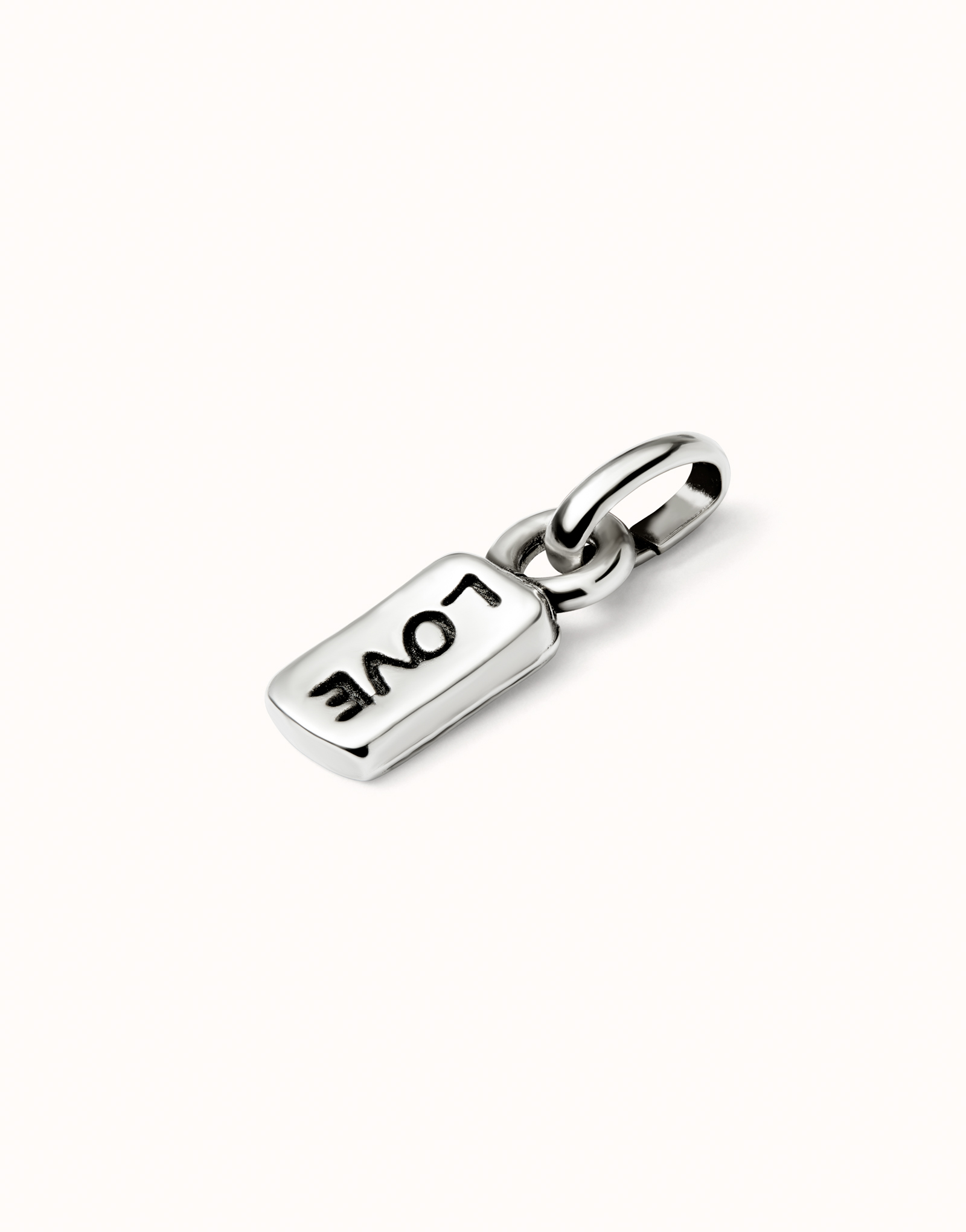 Sterling silver-plated charm with the word “love”., Silver, large image number null