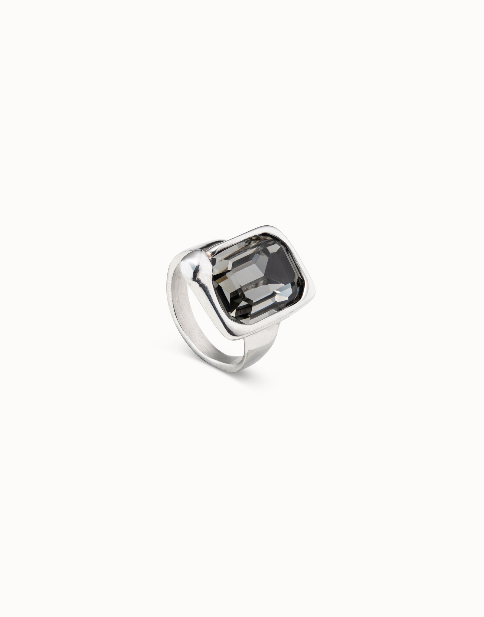 Silver plated ring with rectangular shape and gray crystal in the middle, Silver, large image number null