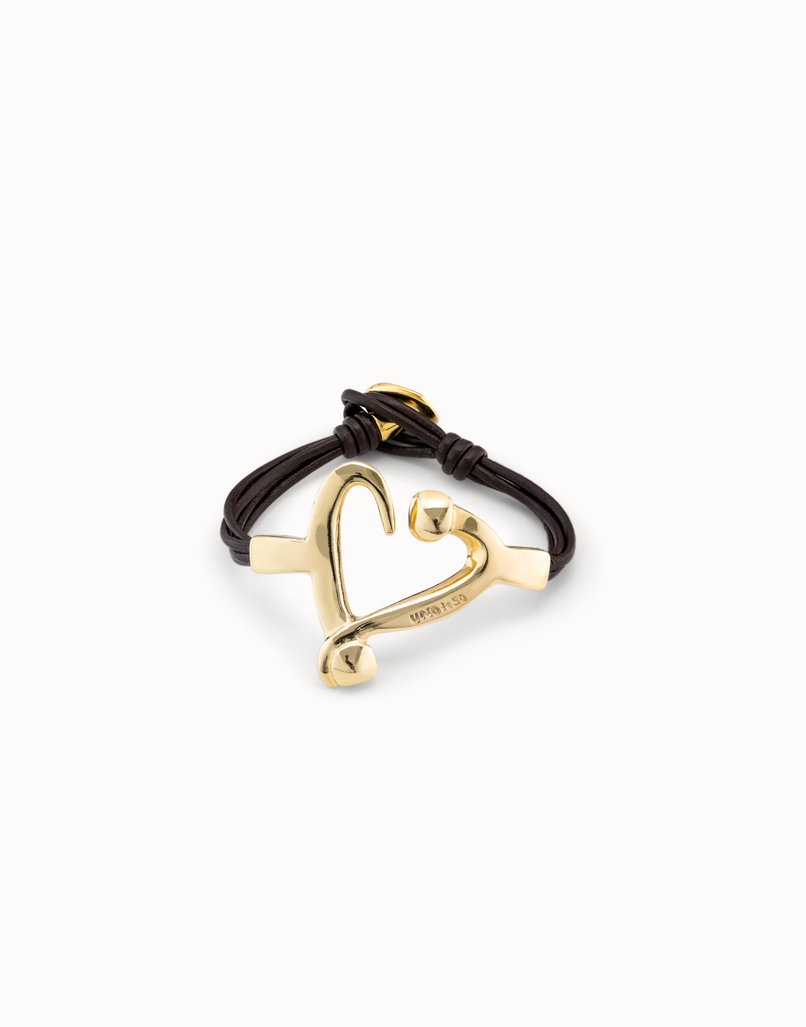 Bracciale placcato oro 18k con strisce di cuoio a forma di cuore inchiodato, Dorado, large image number null