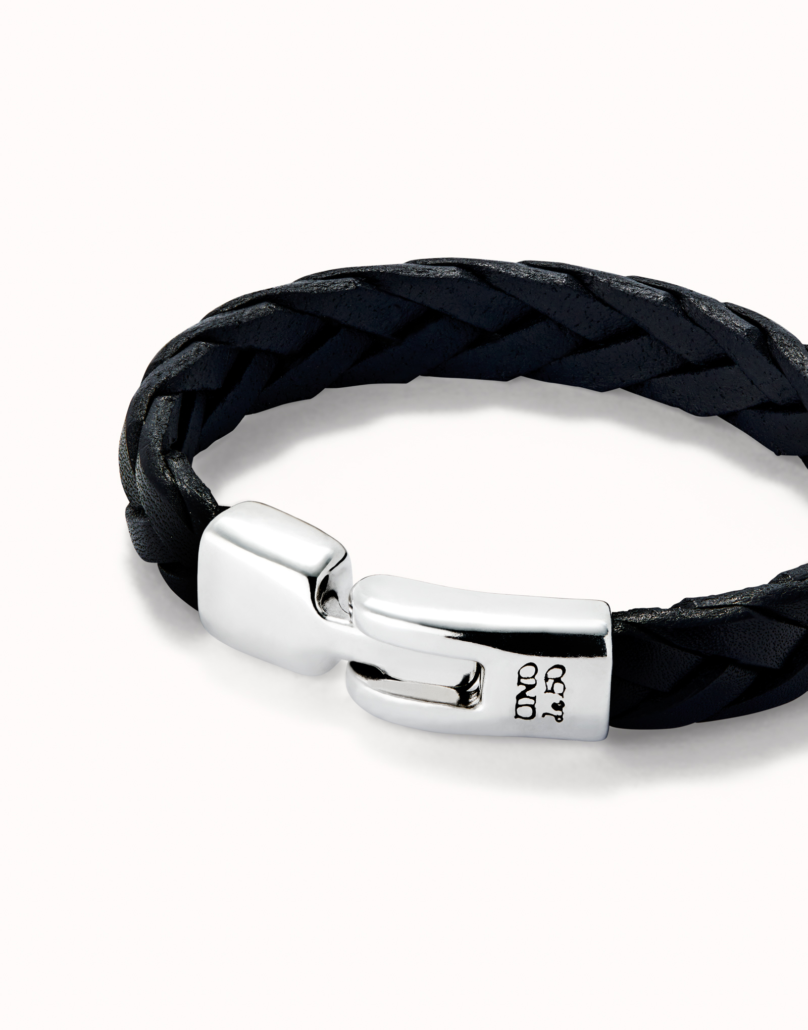 Bracelet en cuir tressé couleur noire plaqué argent, Argent, large image number null