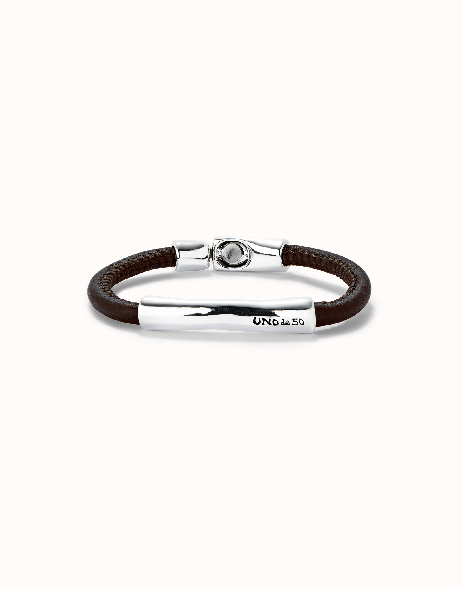 Brown leather bracelet with sterling silver-plated central detail, Silver, large image number null