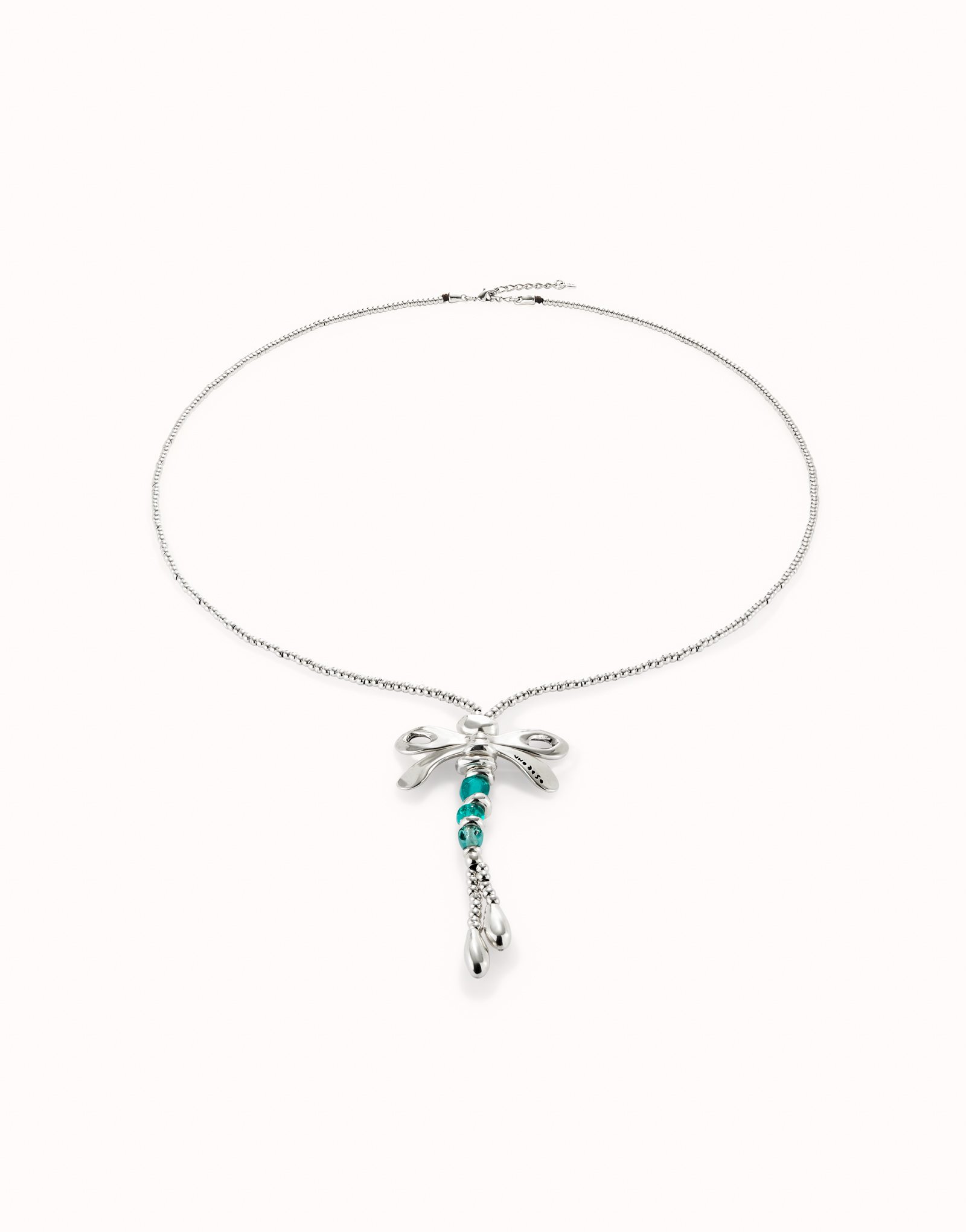 Long sterling silver-plated necklace with dragonfly and green handcrafted crystals, Silver, large image number null