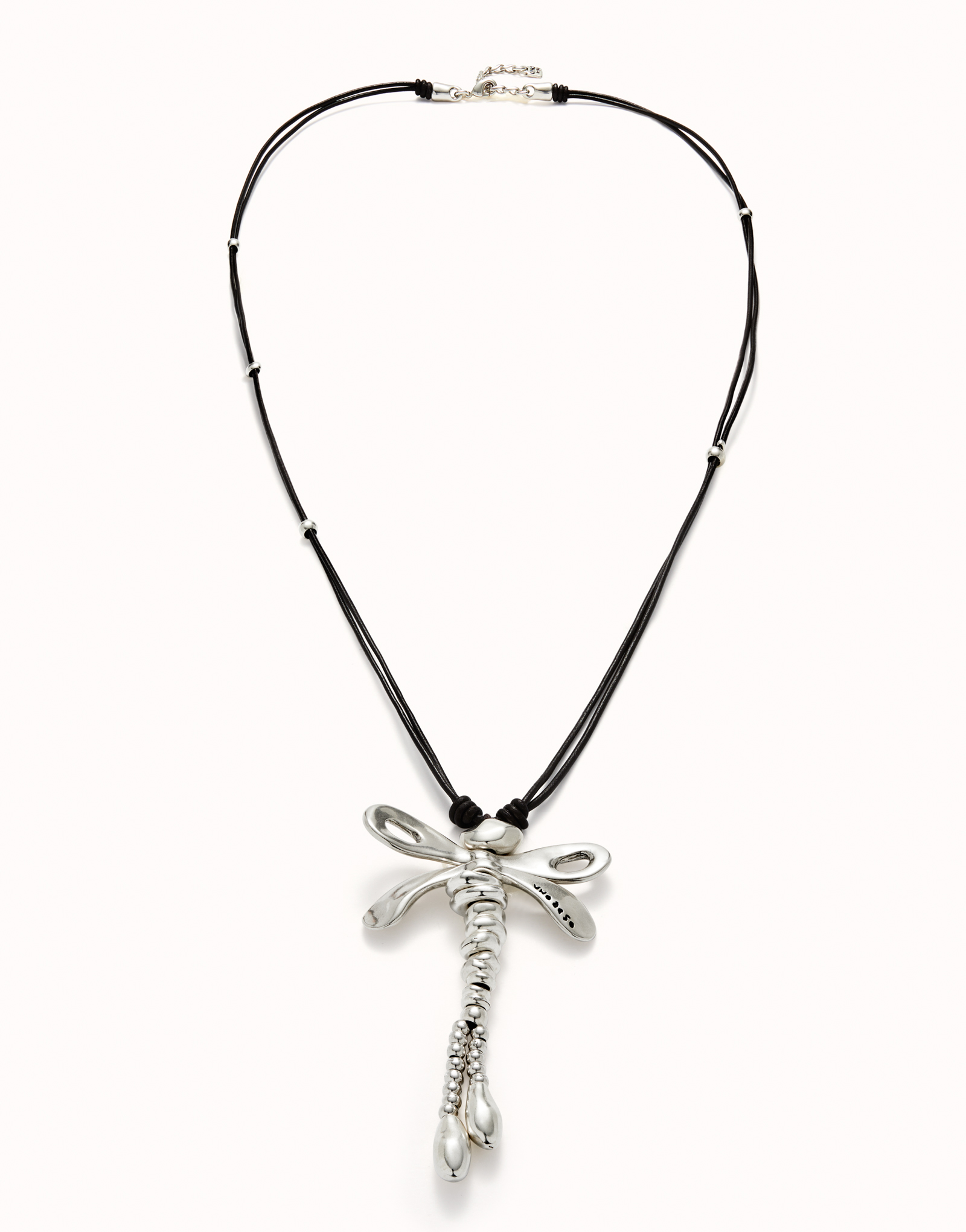 Collar largo de cuero con libélula central bañado en plata de ley, Plateado, large image number null