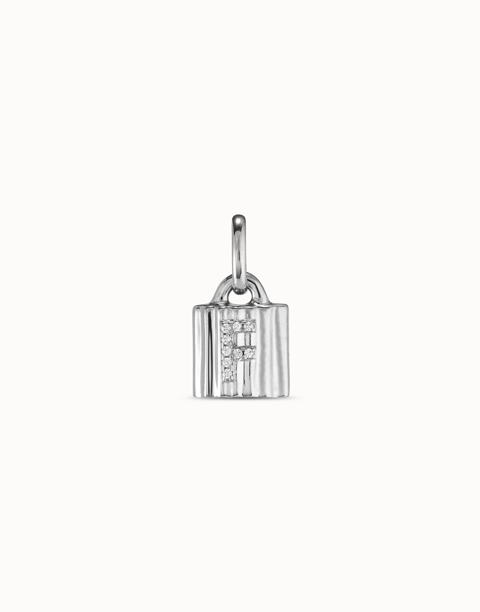 Charm lucchetto placcato argento Sterling con lettera F di topazi, Argent, large image number null