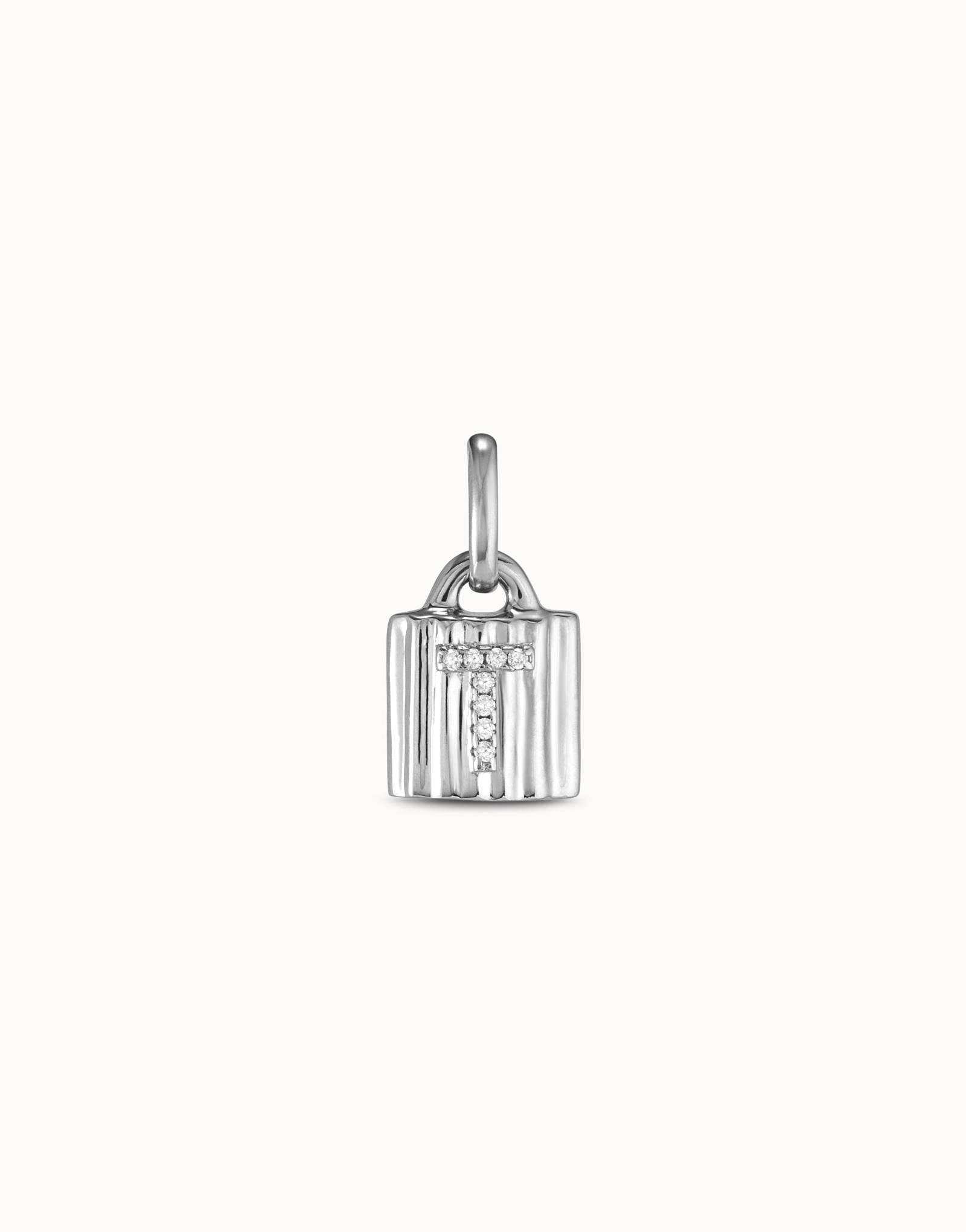 Charm lucchetto placcato argento Sterling con lettera T di topazi, Argent, large image number null