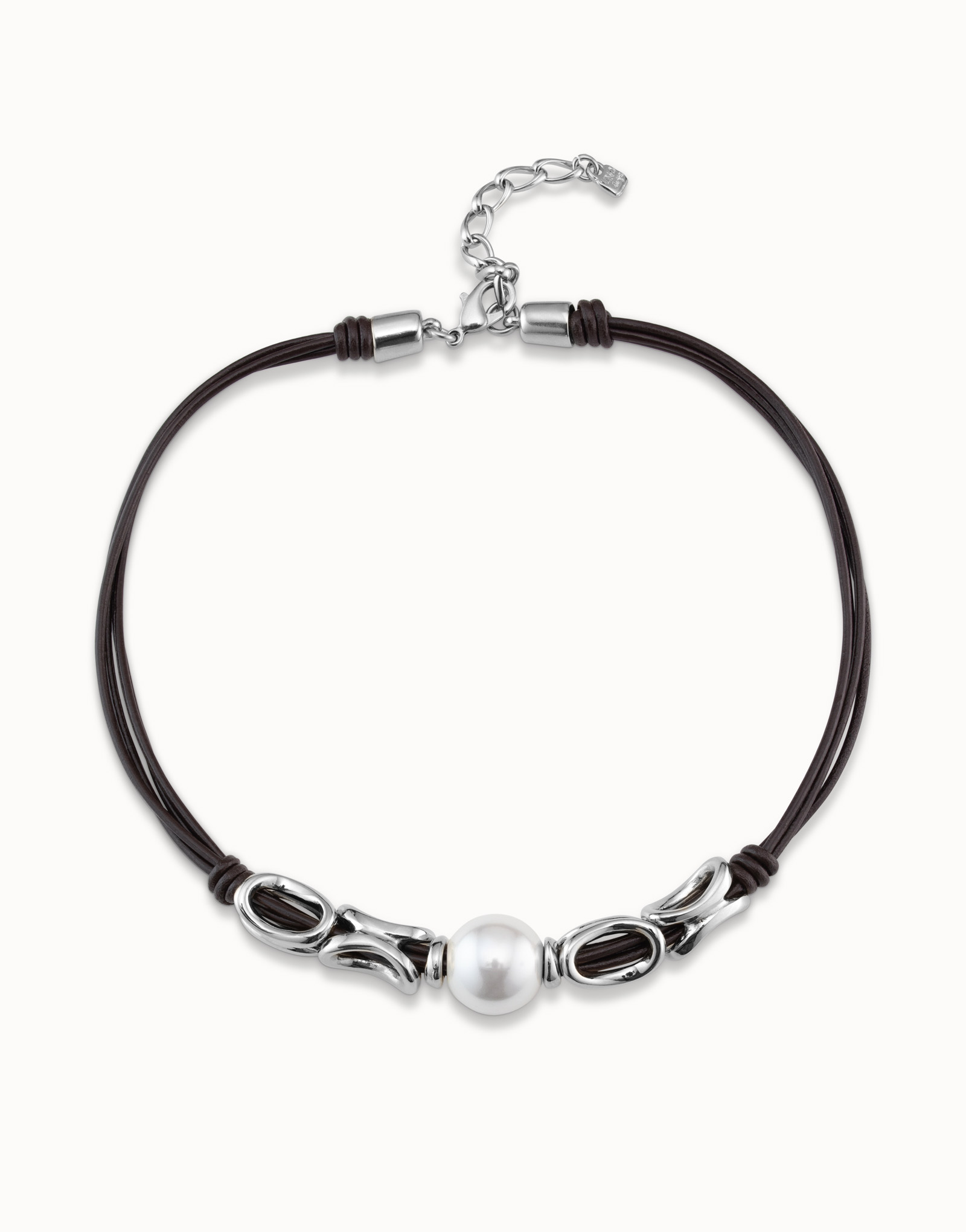 Collana corta con 4 strisce di cuoio a maglie placcata argento Sterling e perla al centro, Argent, large image number null