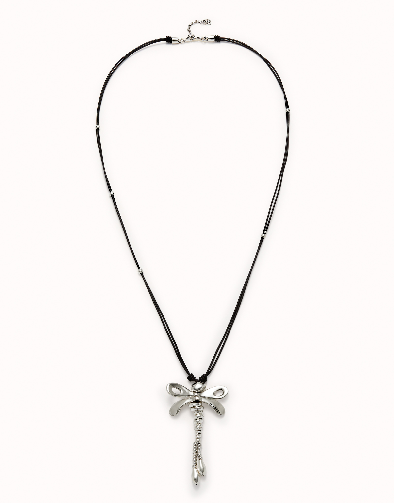 Collar largo de cuero con libélula central bañado en plata de ley, Plateado, large image number null
