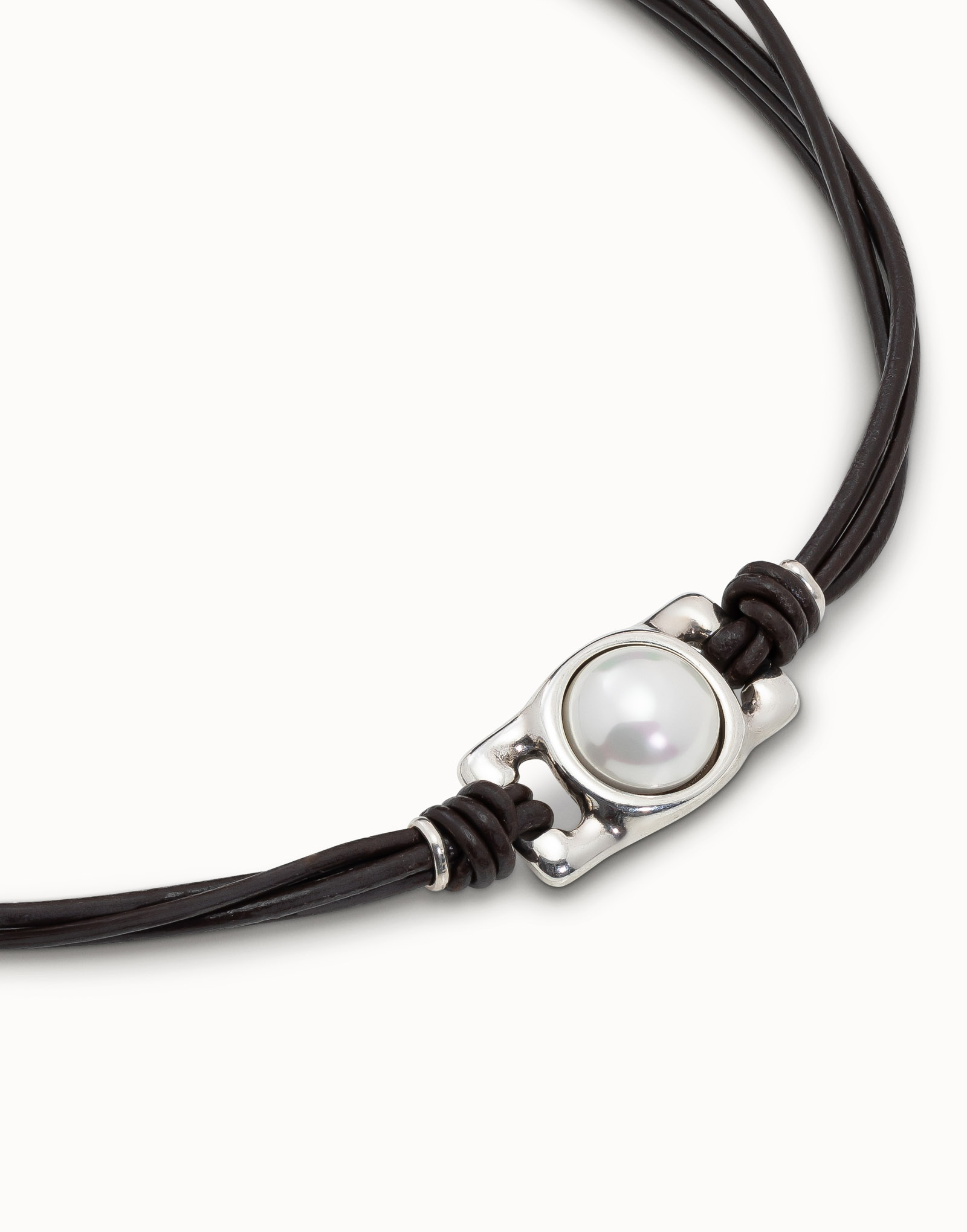 Collana corta a quattro strisce di cuoio e perlina centrale con perla, Argent, large image number null