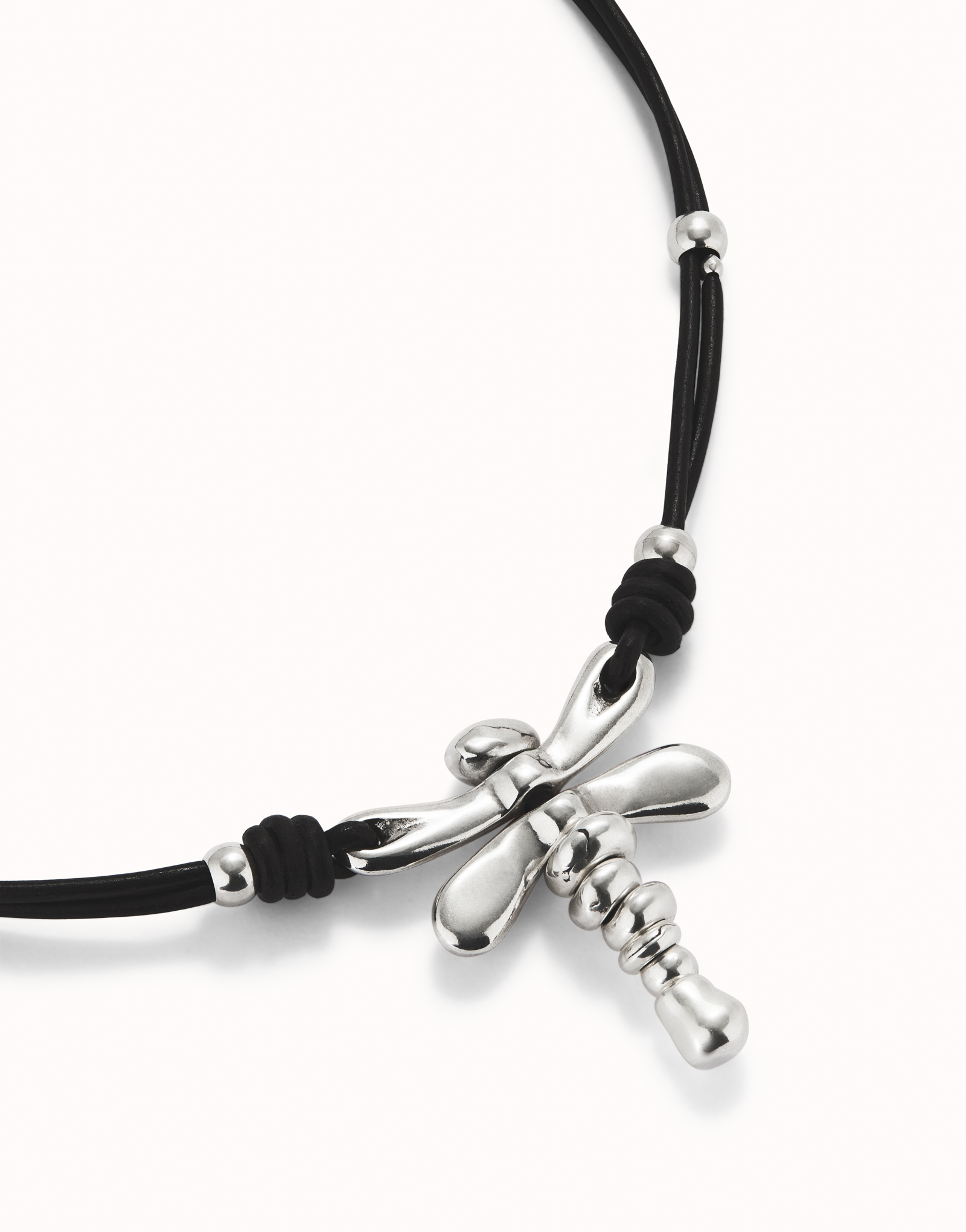 Leather necklace with sterling silver-plated dragonfly, Silver, large image number null