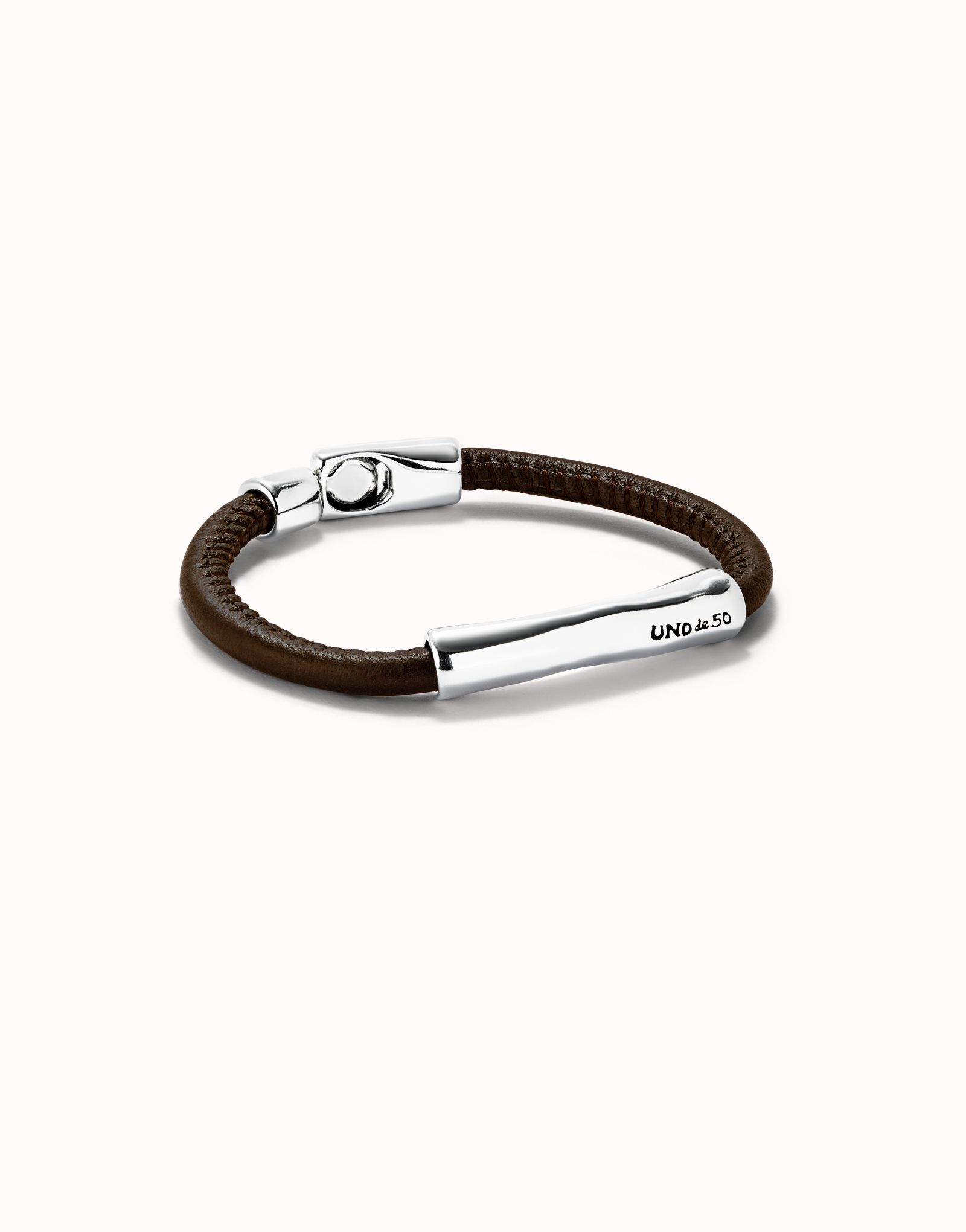 Brown leather bracelet with sterling silver-plated central detail, Silver, large image number null