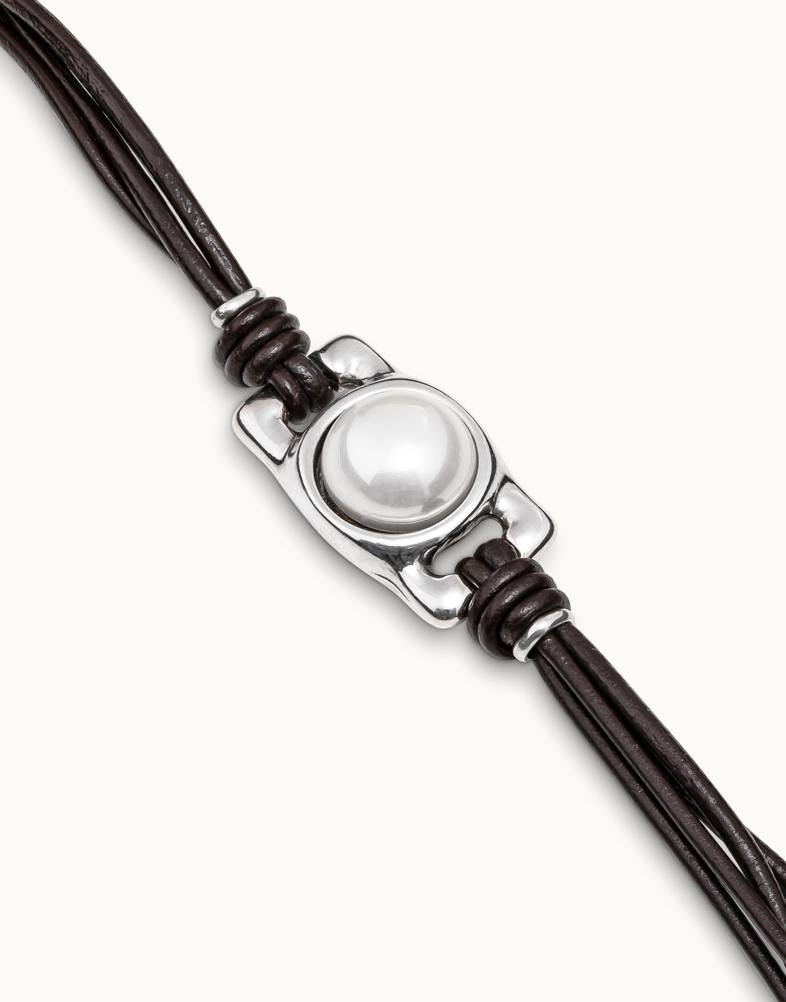 Bracciale in cuoio marrone con perlina placcata argento Sterling rettangolare e perla, Argent, large image number null
