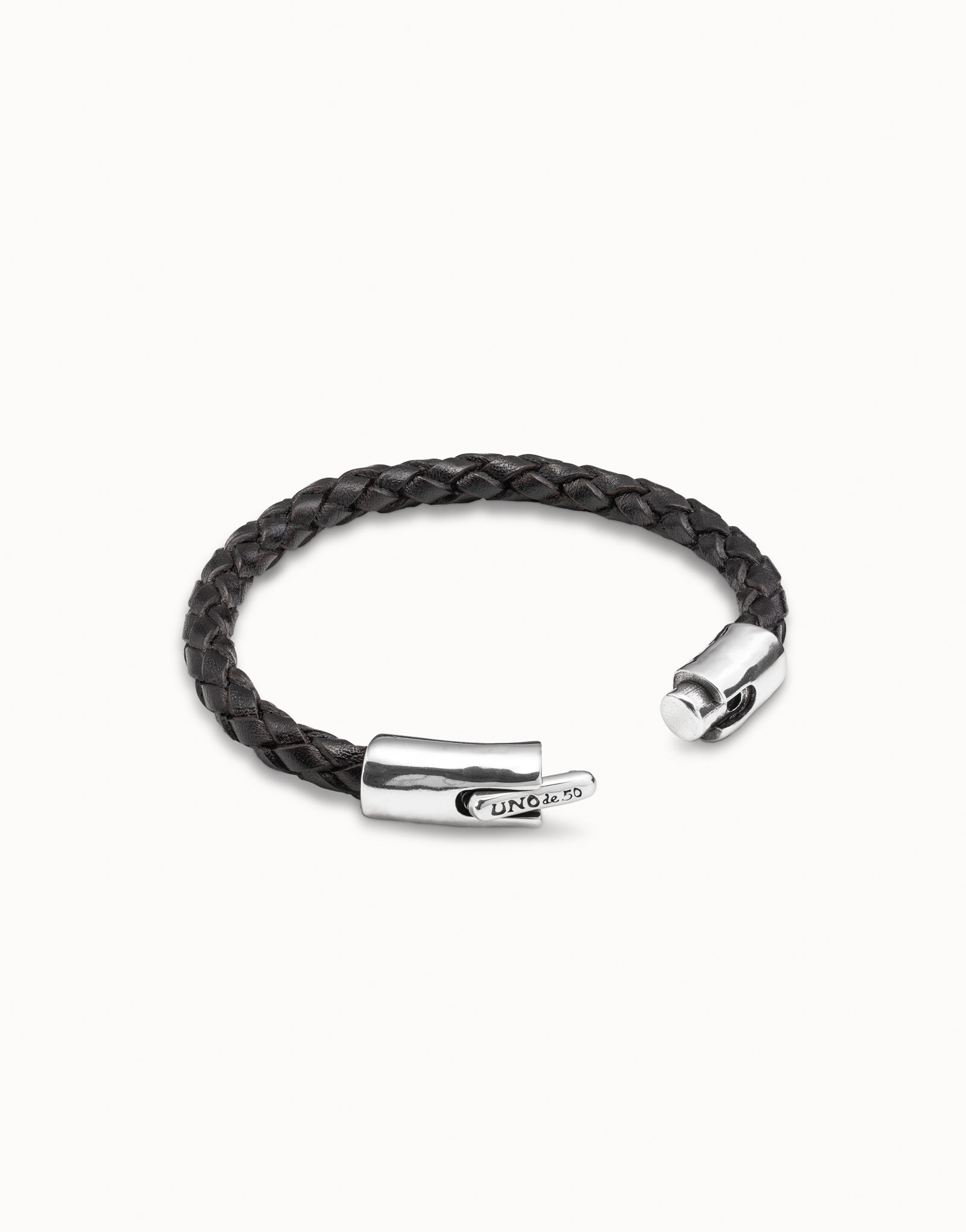 Brown leather bracelet with sterling silver-plated cylindrical spring clasp, Silver, large image number null