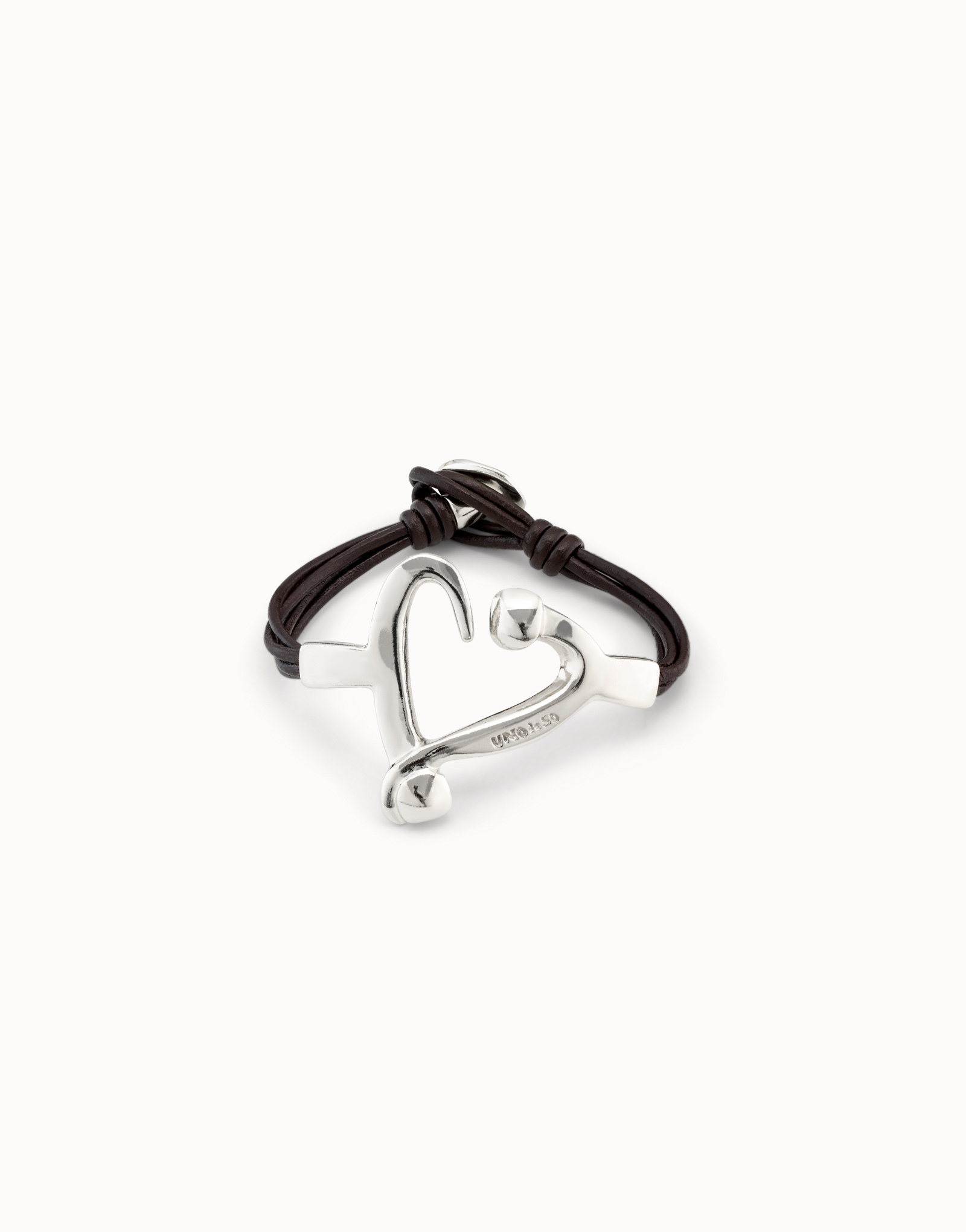 Bracelet plaqué argent avec lanières en cuir et en une forme de cœur clouté, Argent, large image number null
