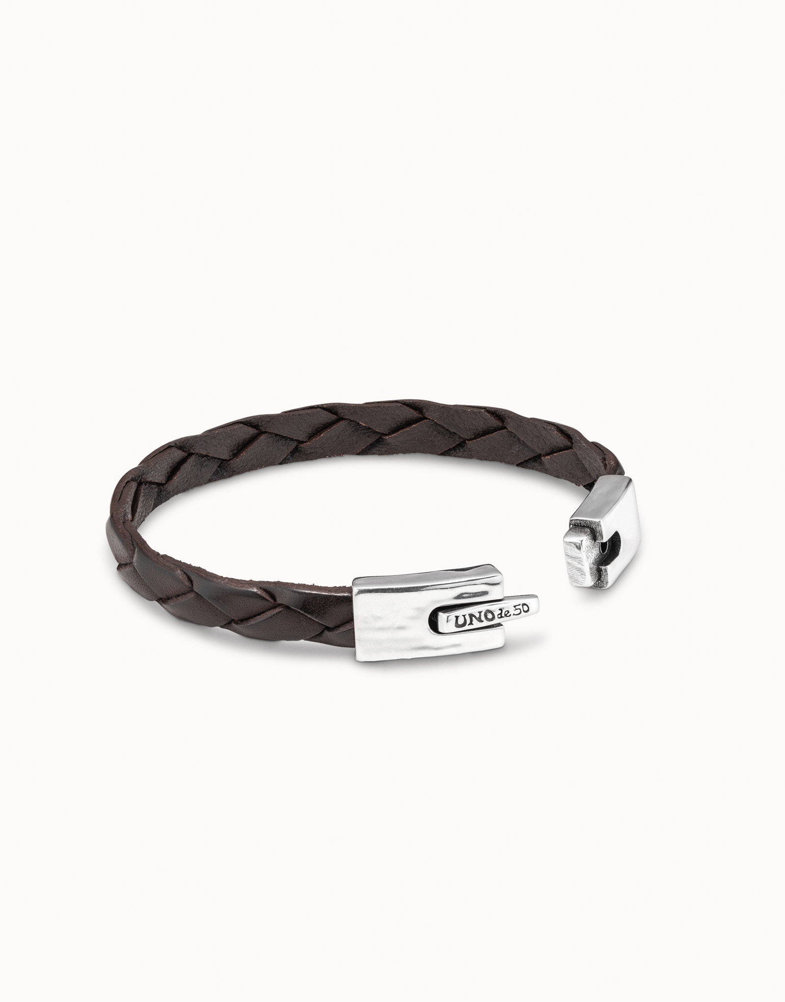 Brown leather bracelet with sterling silver-plated rectangular spring clasp, Silver, large image number null